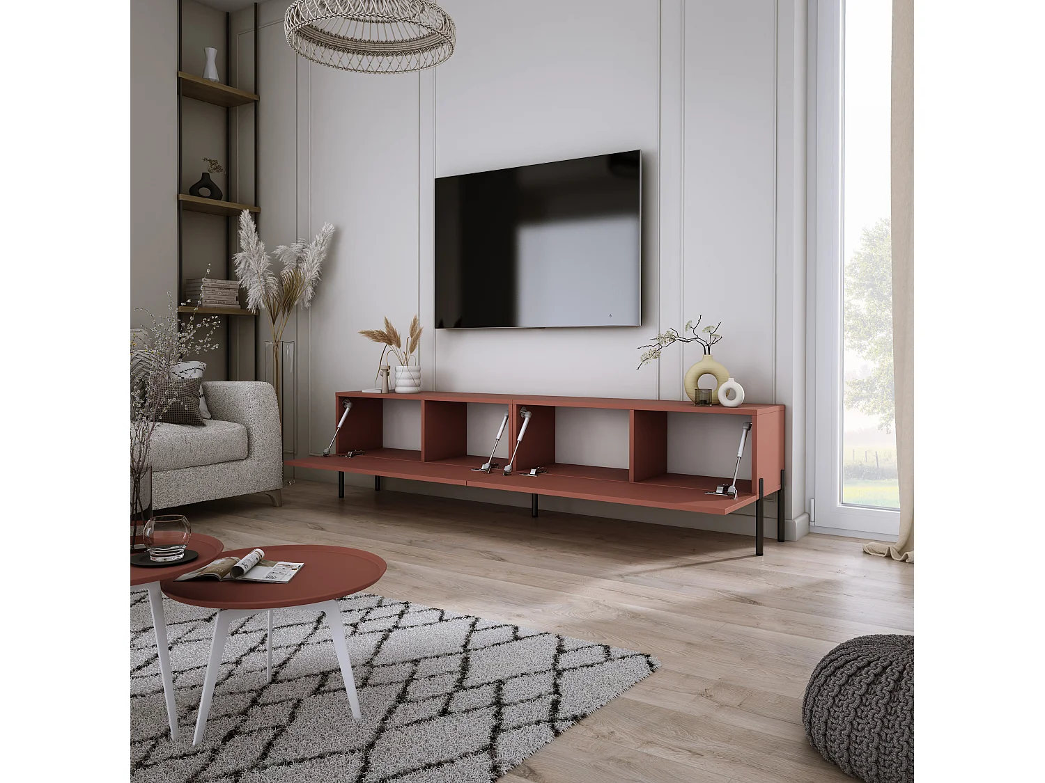 Meuble TV : Rouge Brique, 170 x 52 x 32 cm, pieds noires