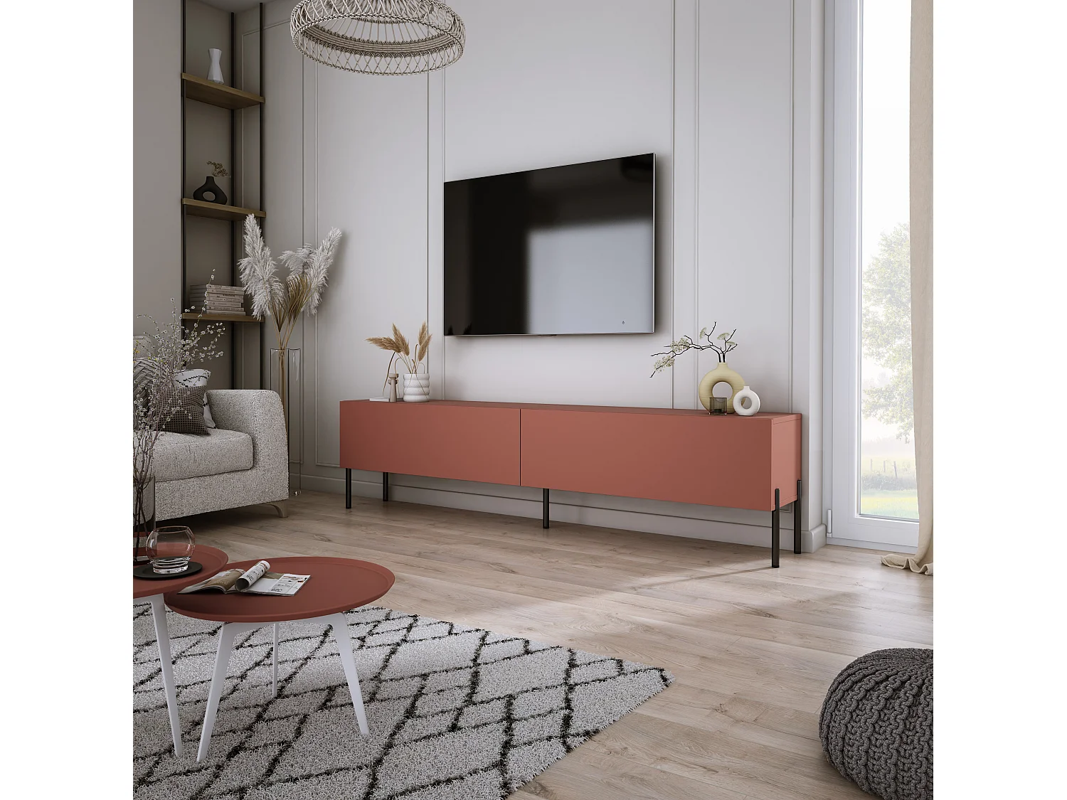 Meuble TV : Rouge Brique, 170 x 52 x 32 cm, pieds noires