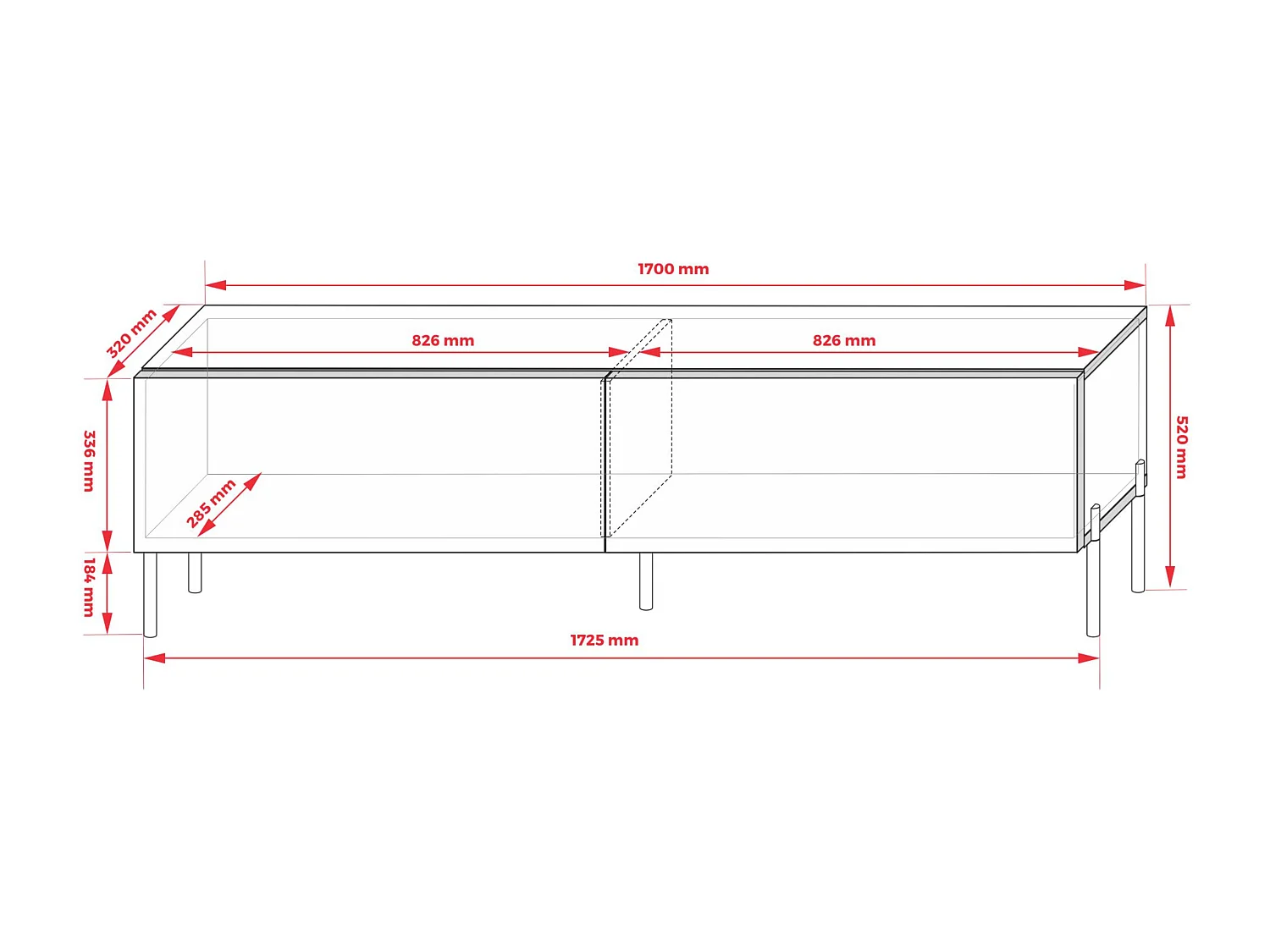 TV-meubel: Steenrood, 170 x 52 x 32 cm, zwarte poten