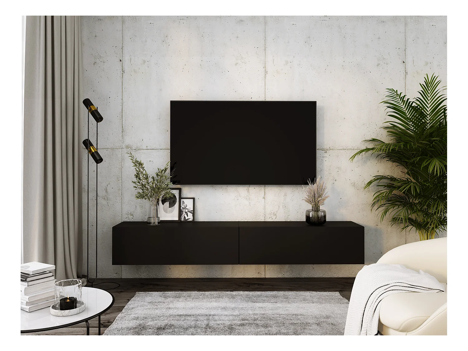 Meuble TV Suspendu, (2 x 100) x 34 x 32 cm, Noir Mat