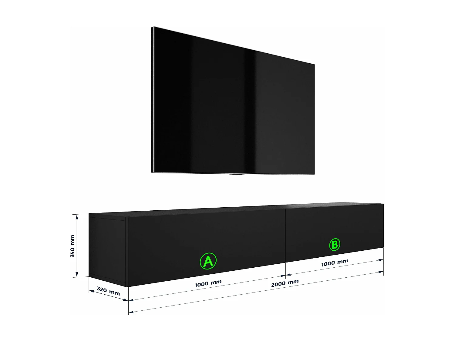 Móvel de TV suspenso, (2 x 100) x 34 x 32 cm, preto mate