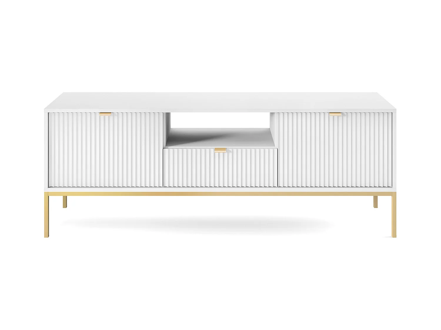 Meuble TV : 1 tiroir, 2 portes, Blanc, or, 154 x 56 x 39 cm, poignées dorées