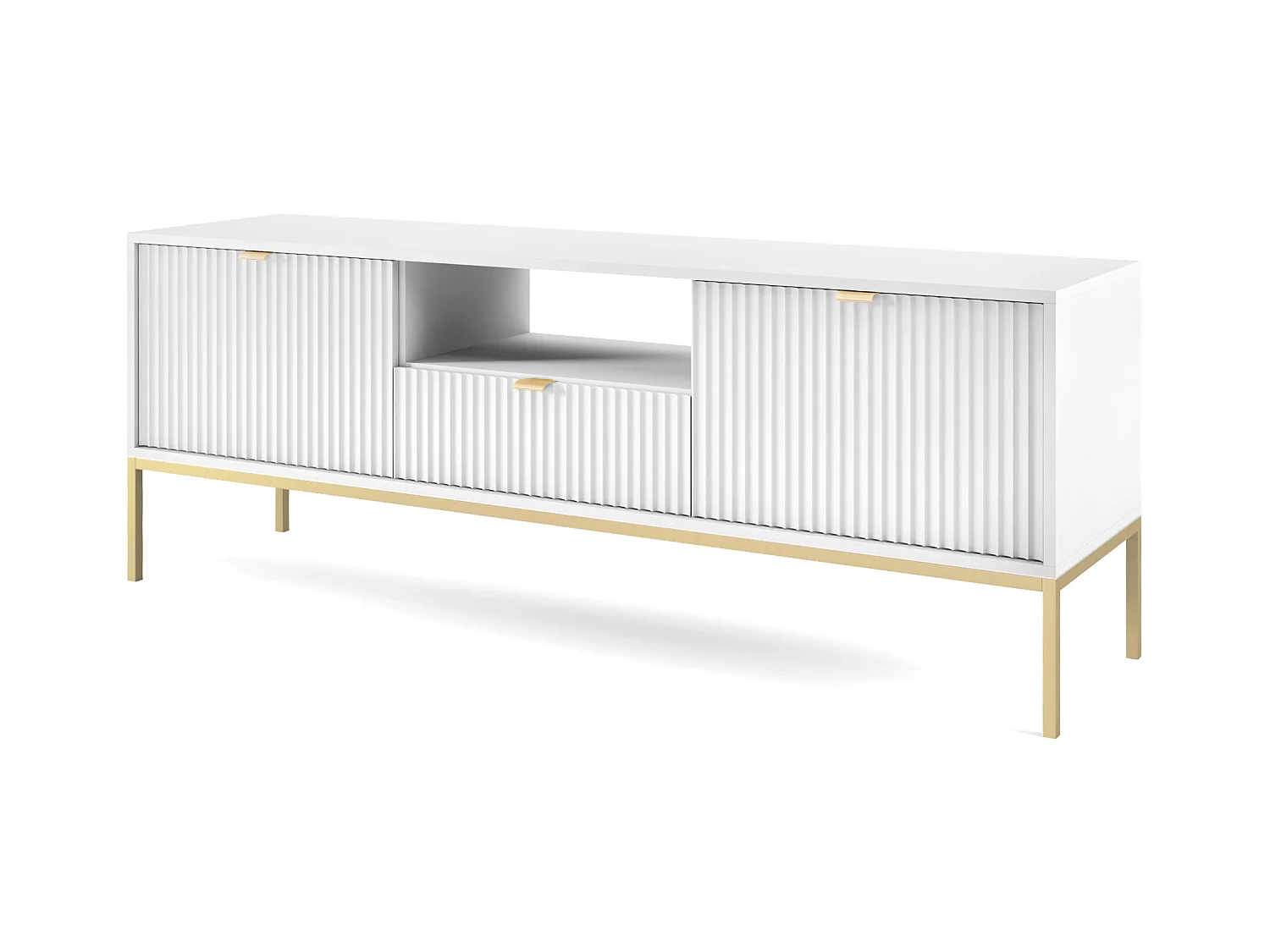 Meuble TV : 1 tiroir, 2 portes, Blanc, or, 154 x 56 x 39 cm, poignées dorées