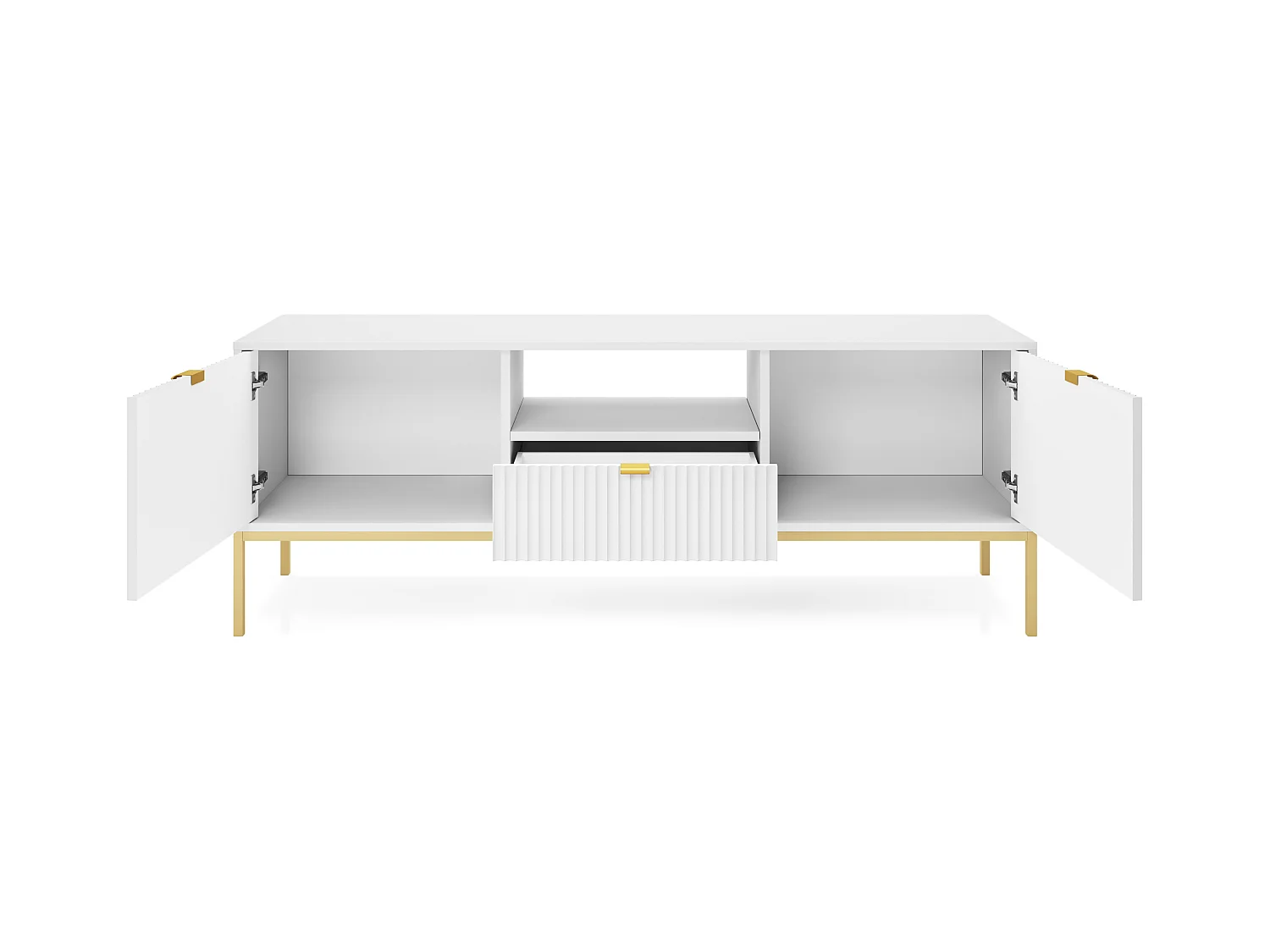 Meuble TV : 1 tiroir, 2 portes, Blanc, or, 154 x 56 x 39 cm, poignées dorées