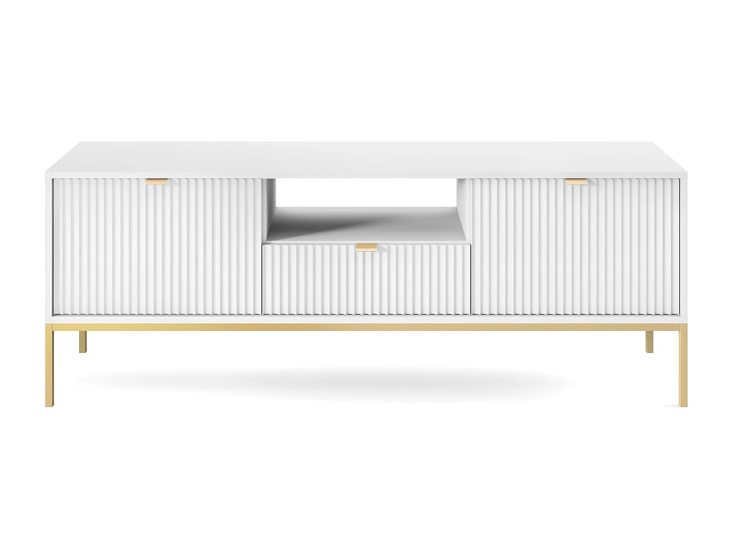 Meuble TV : 1 tiroir, 2 portes, Blanc, or, 154 x 56 x 39 cm, poignées dorées