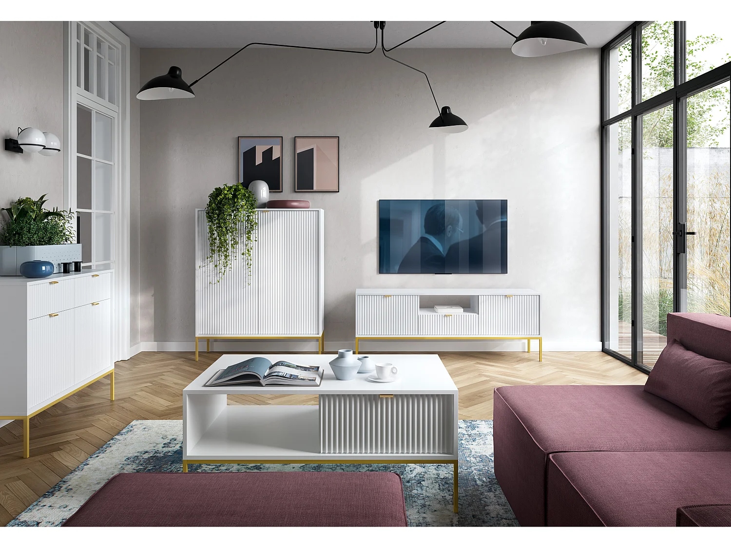 Meuble TV : 1 tiroir, 2 portes, Blanc, or, 154 x 56 x 39 cm, poignées dorées