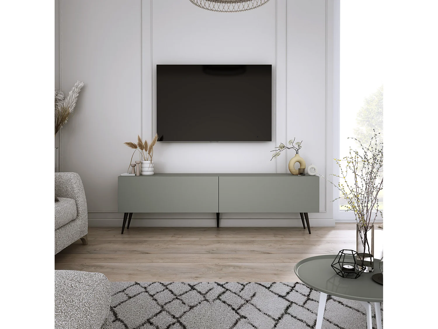 Szafka RTV: Aloe, 140 x 52 x 32 cm, czarne nogi