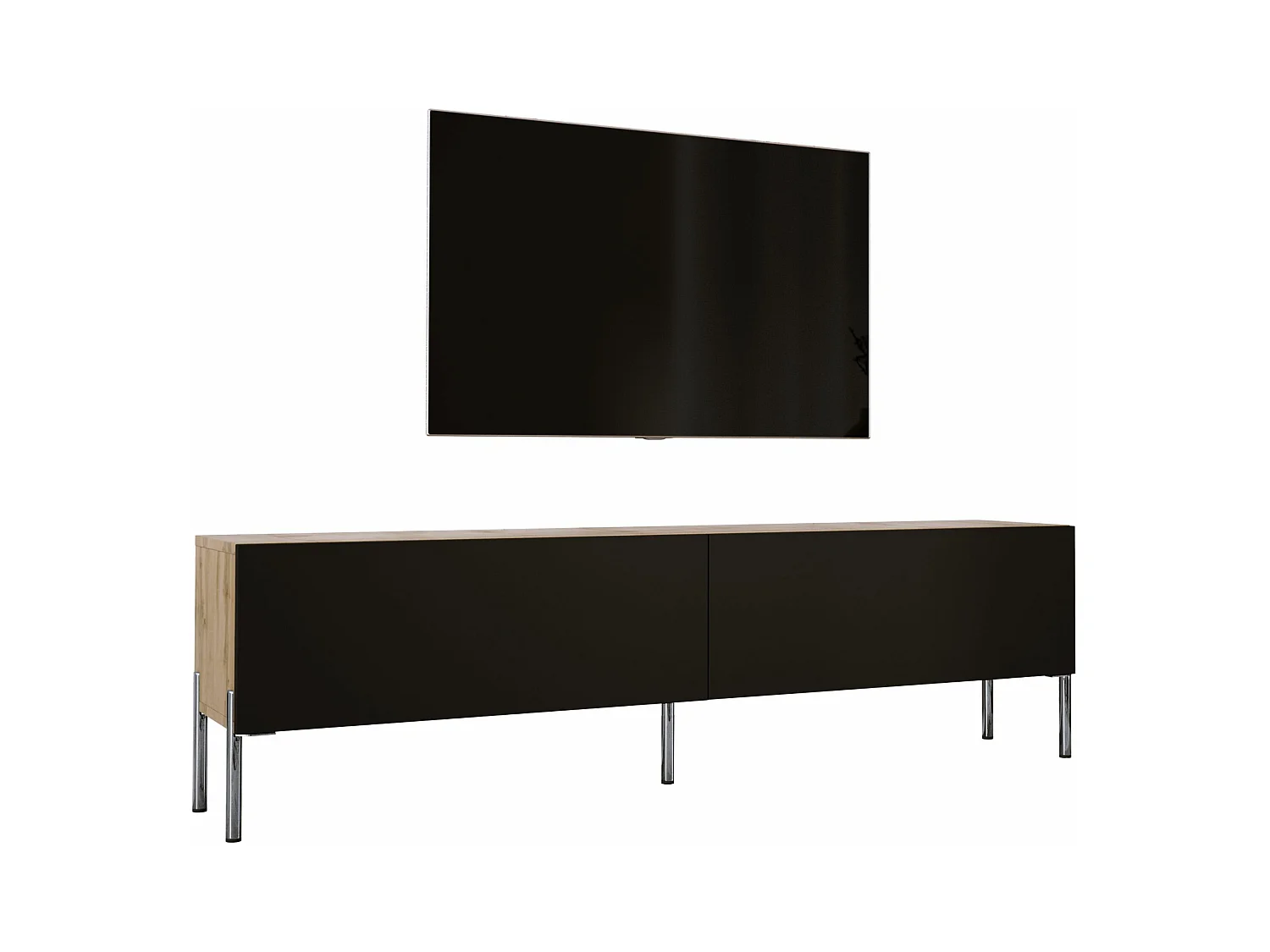 Meuble TV : Chêne Wotan / Noir Mat, pieds Chrome, 170 x 52 x 32 cm