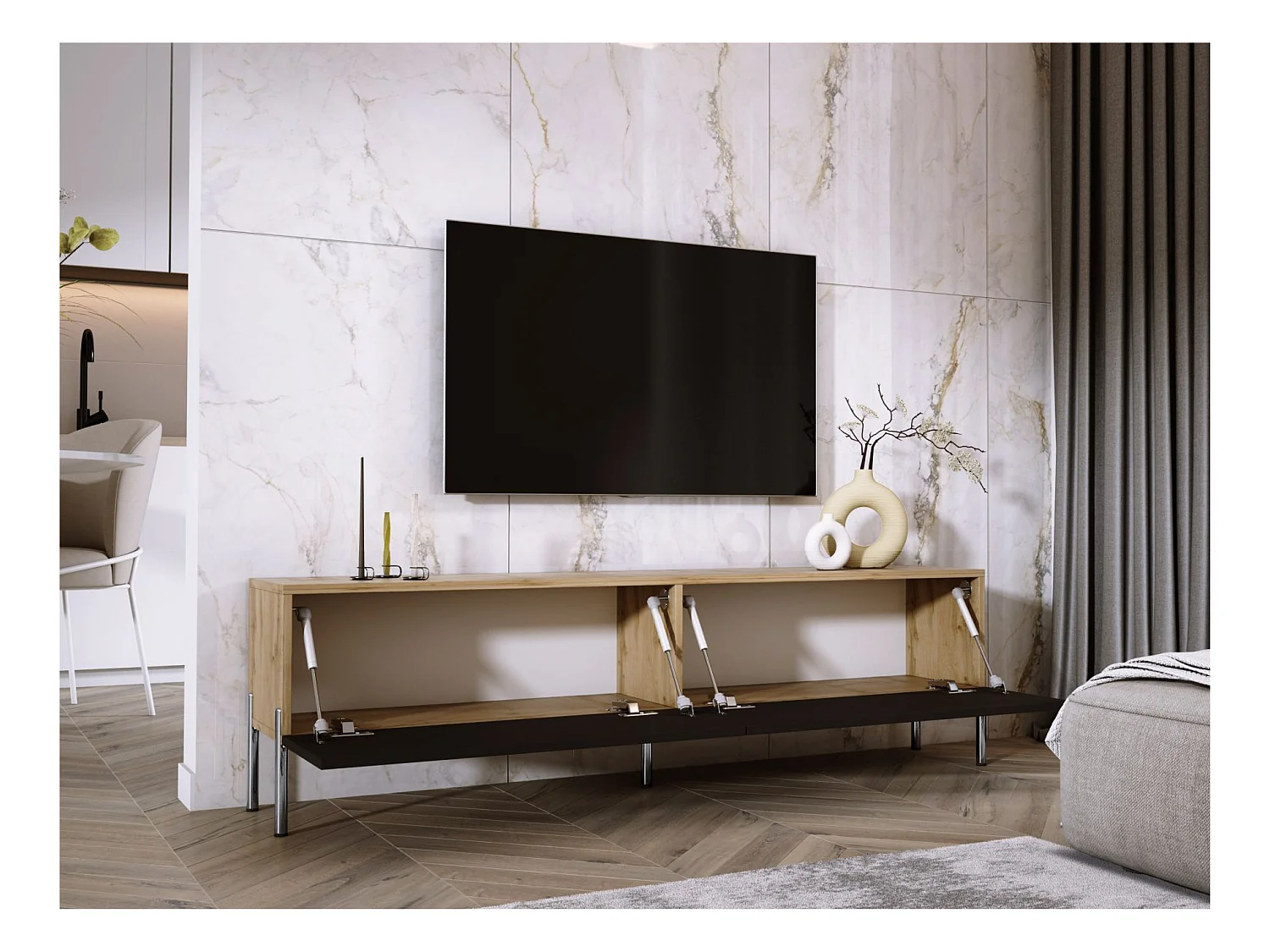 Meuble TV : Chêne Wotan / Noir Mat, pieds Chrome, 170 x 52 x 32 cm