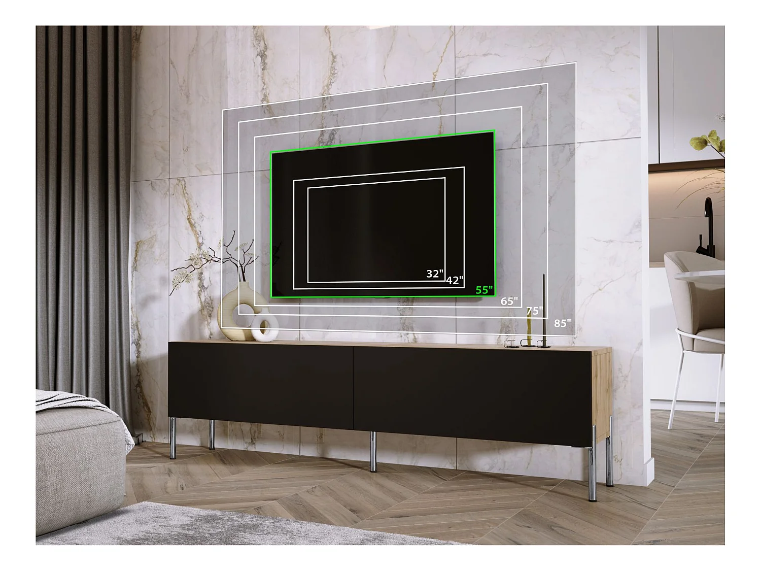 Meuble TV : Chêne Wotan / Noir Mat, pieds Chrome, 170 x 52 x 32 cm