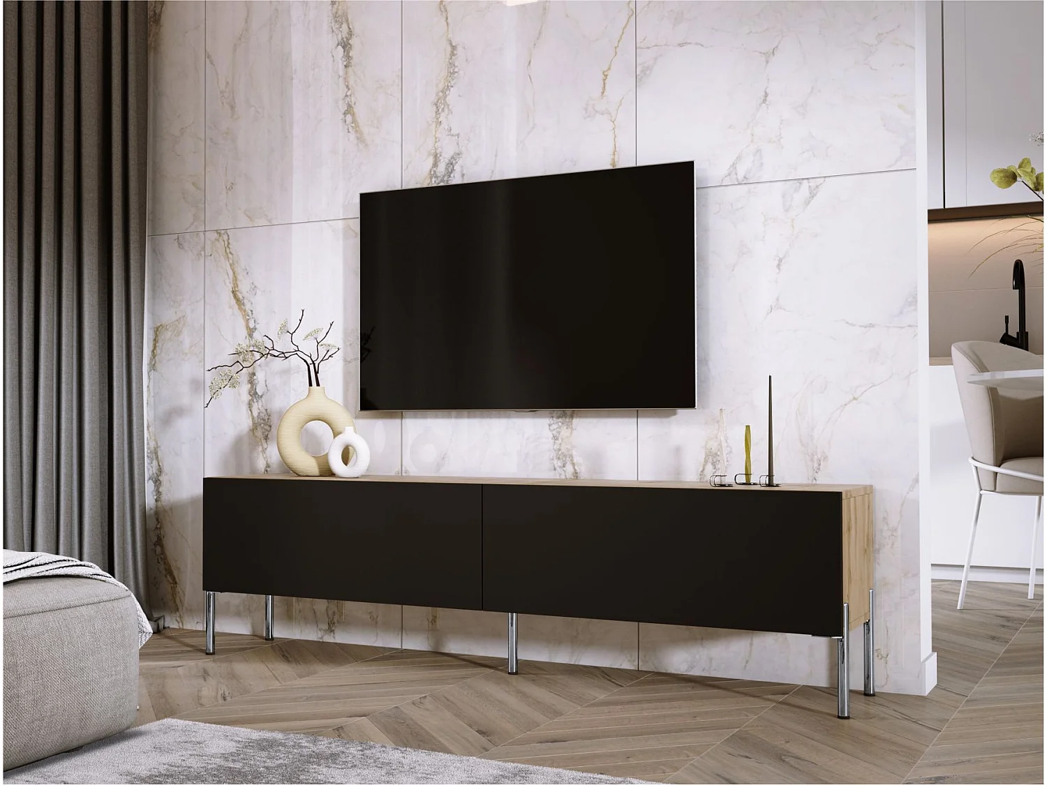Mobile TV: rovere Wotan / nero opaco, gambe cromate, 170 x 52 x 32 cm