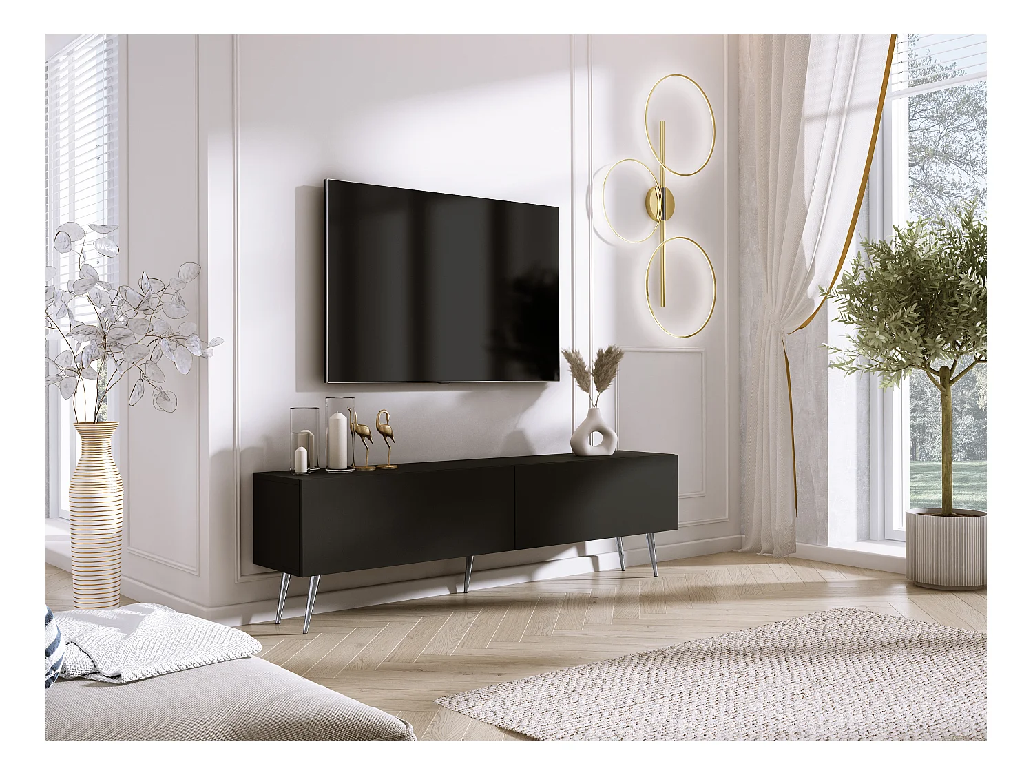 Meuble TV : Noir Mat, pieds Chrome, 170 x 52 x 32 cm