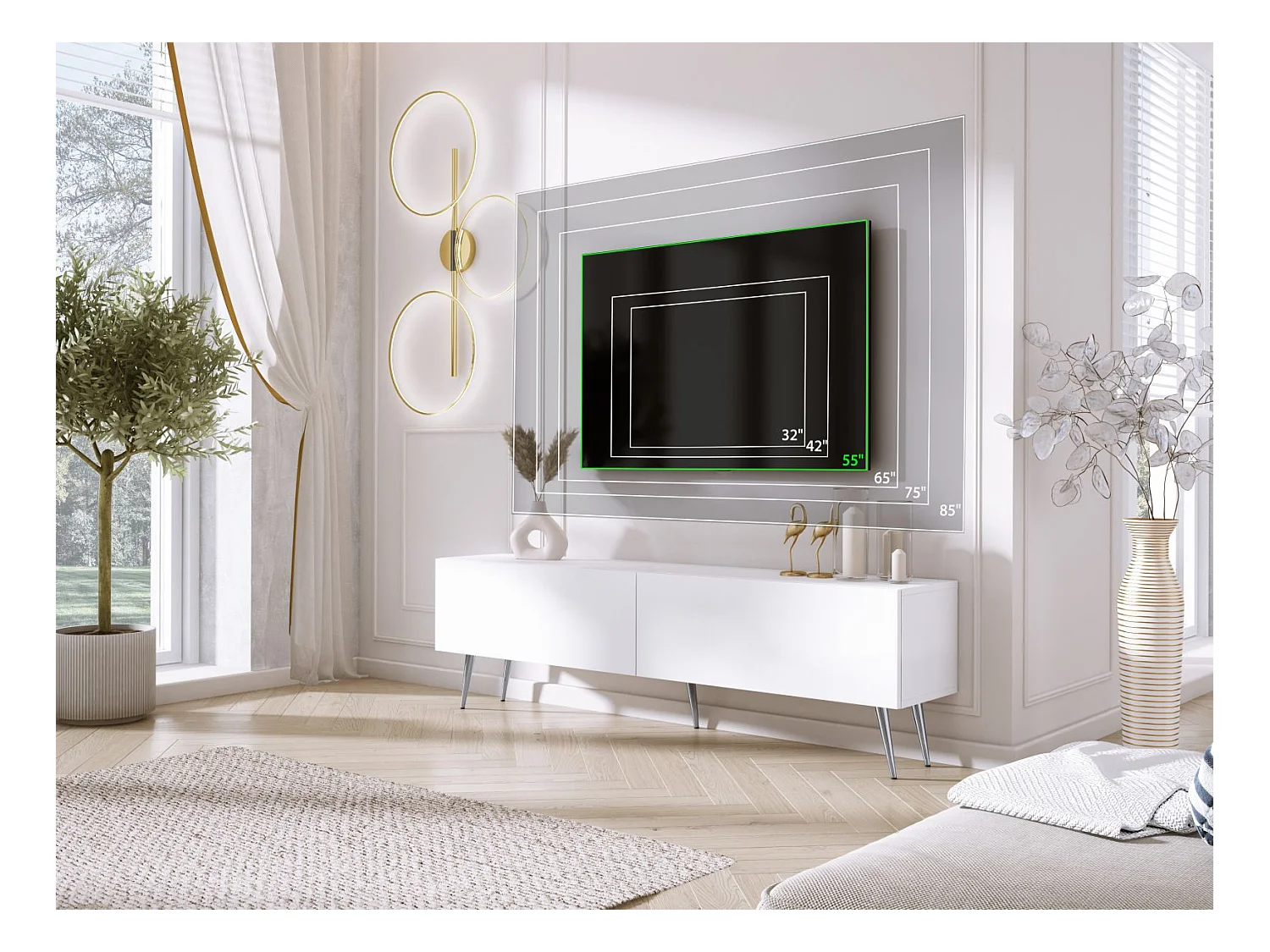 Mueble TV: Blanco Mate, Patas Cromadas, 170 x 52 x 32 cm