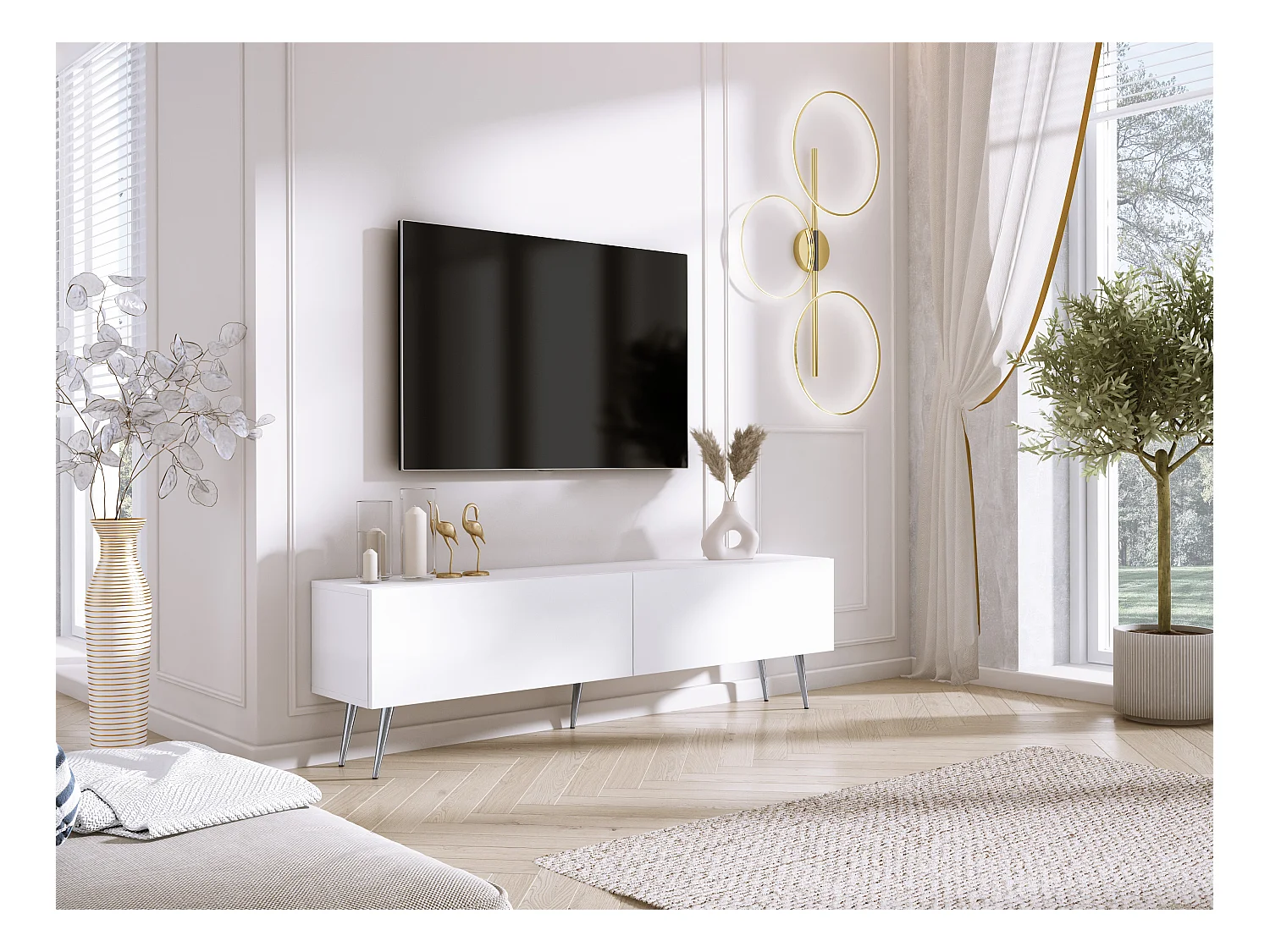 Meuble TV : Blanc Mat, pieds Chrome, 170 x 52 x 32 cm