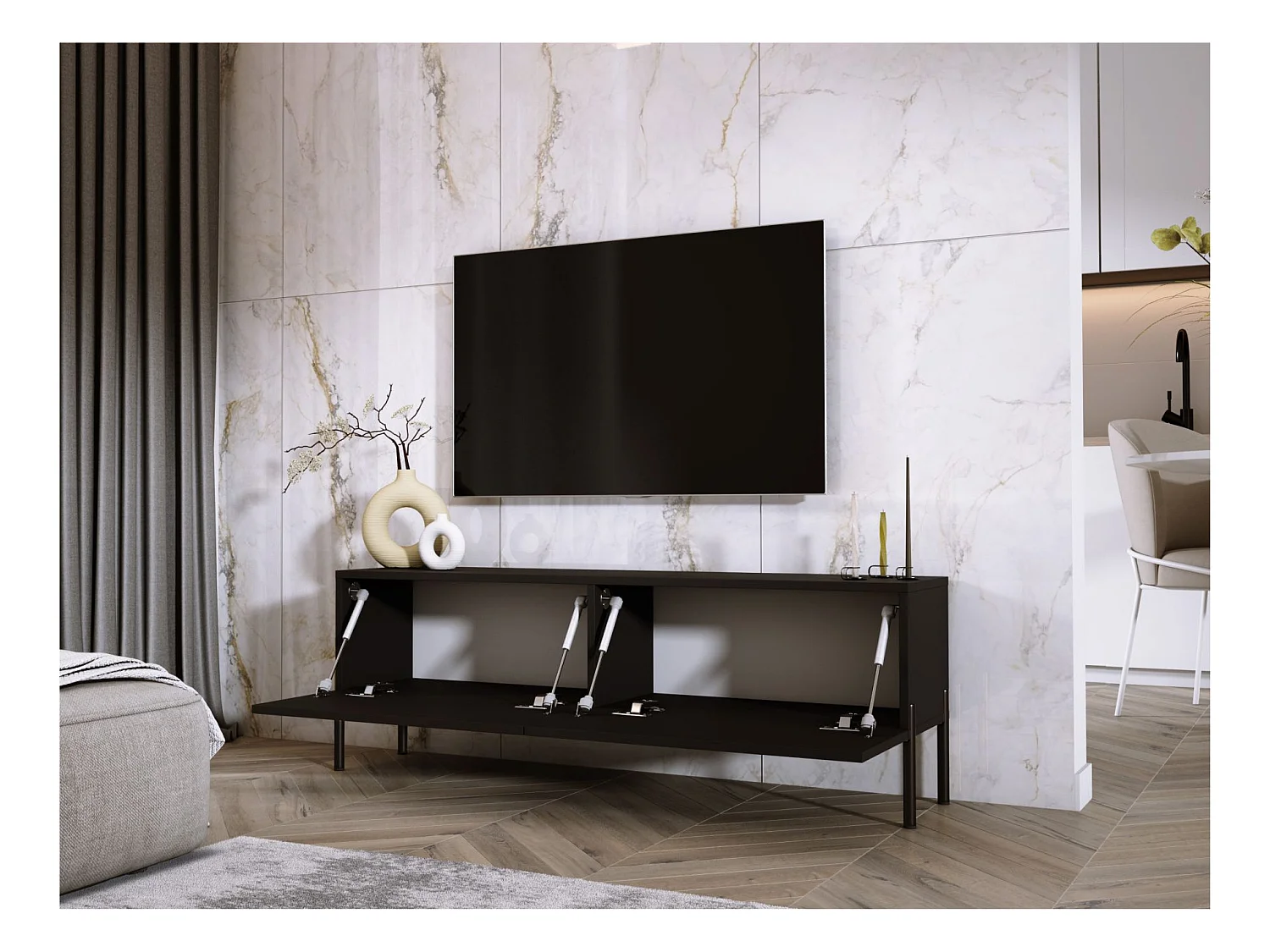 TV-meubel: Mat Zwart / Glanzend Zwart, zwarte poten, 140 x 52 x 32 cm