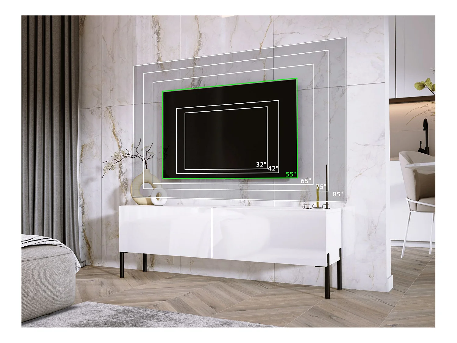 TV-meubel: Mat Zwart / Glanzend Zwart, zwarte poten, 140 x 52 x 32 cm