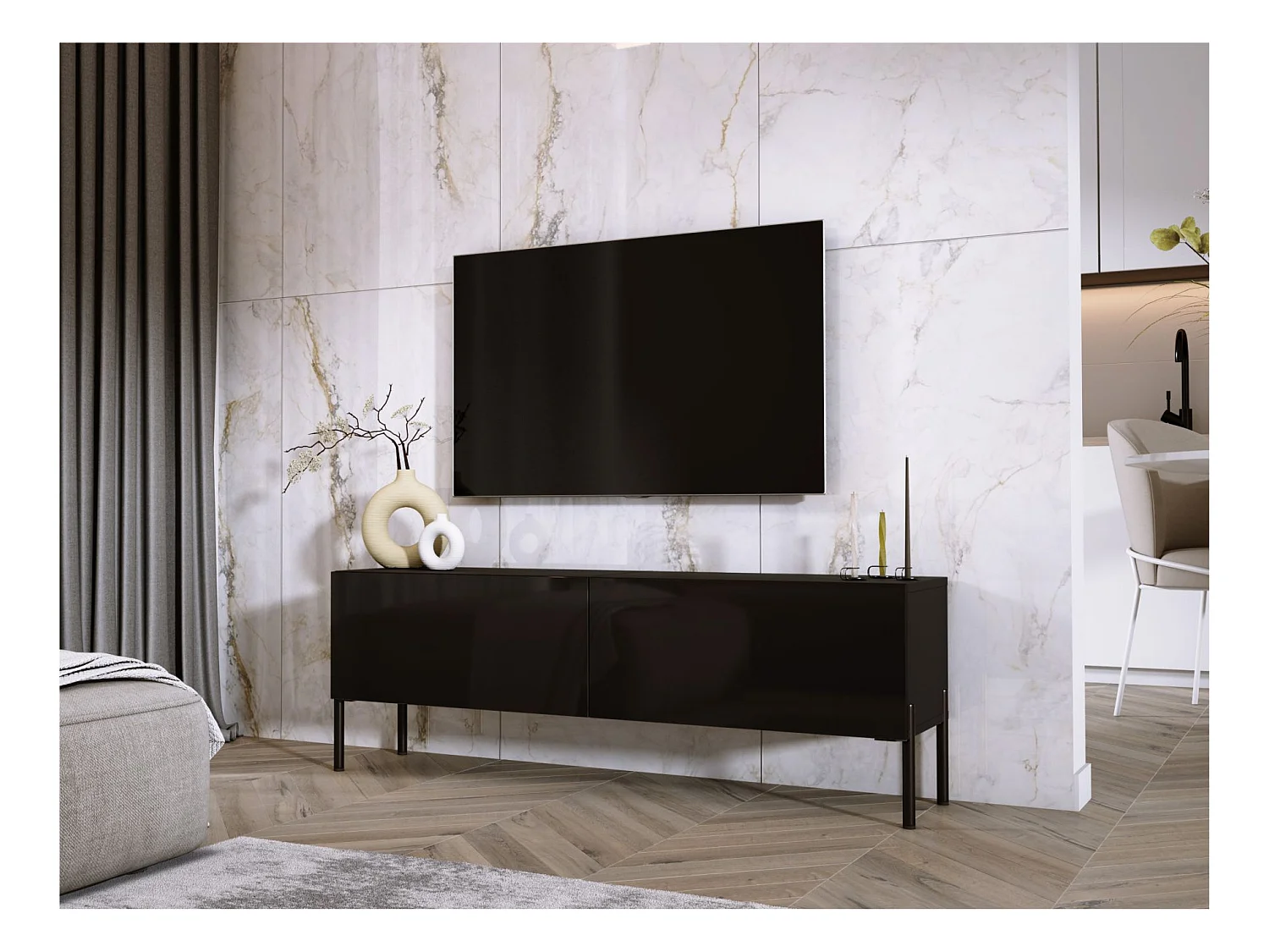 TV-Schrank: Mattschwarz / Hochglanzschwarz, schwarze Beine, 140 x 52 x 32 cm