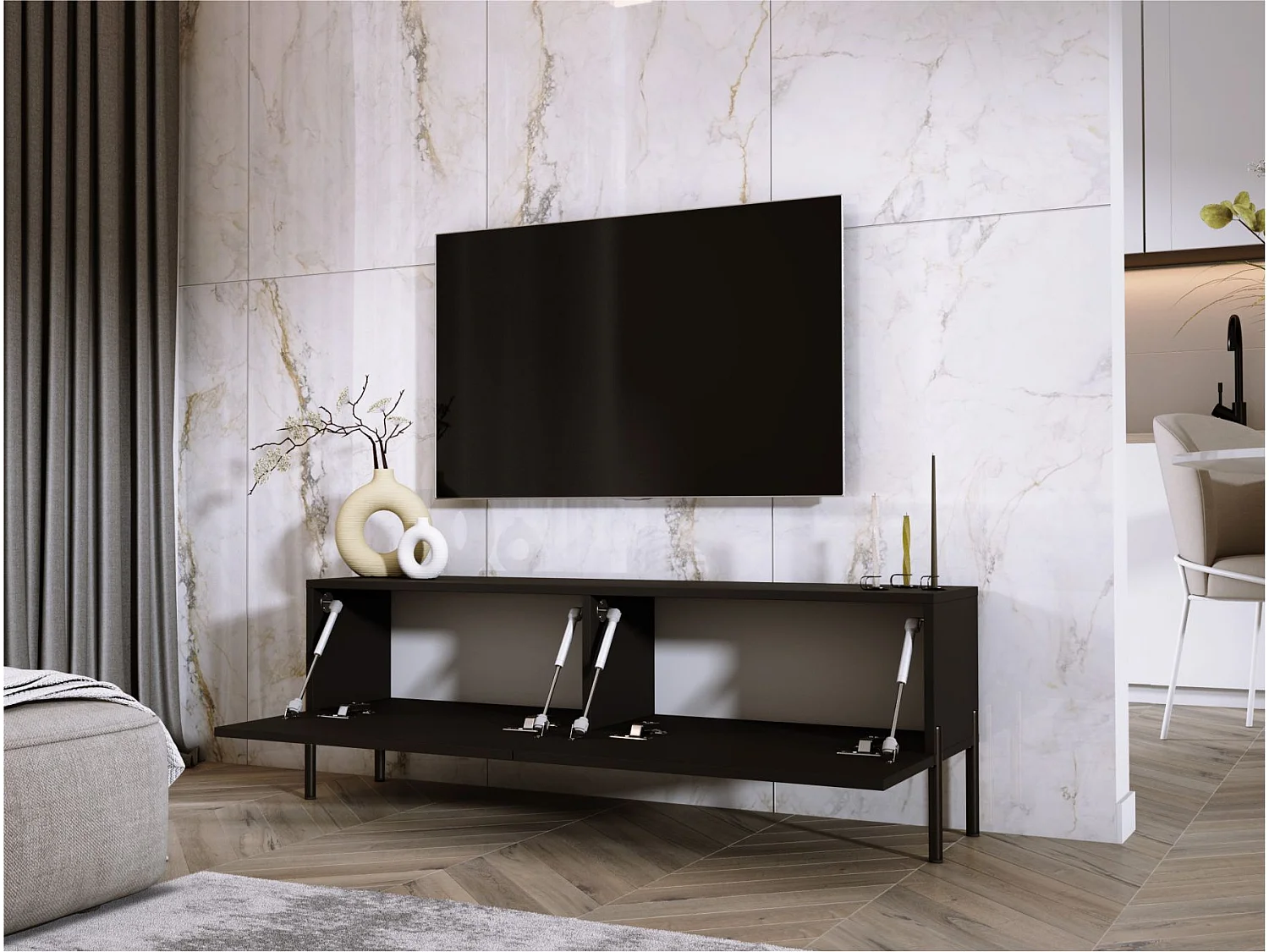 Móvel TV: Preto Mate / Preto Brilhante, pernas pretas, 140 x 52 x 32 cm