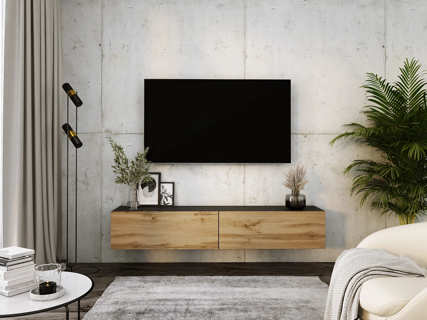 Hängendes TV-Gerät, 170 x 34 x 32 cm, Wotan-Eiche / Mattschwarz