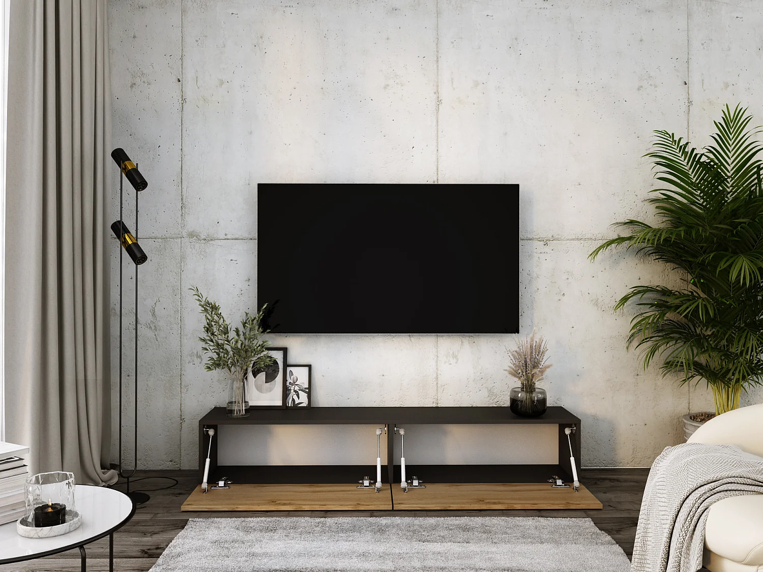 Hängendes TV-Gerät, 170 x 34 x 32 cm, Wotan-Eiche / Mattschwarz