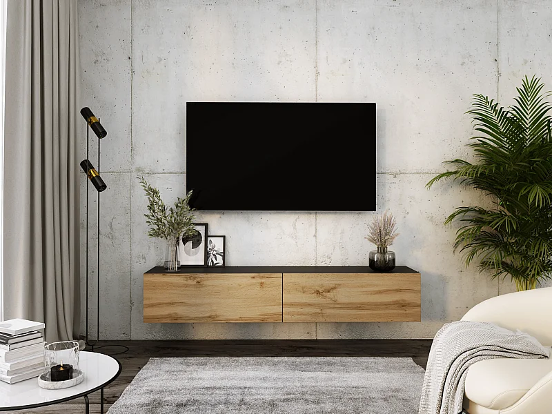 Móvel de TV suspenso, 170 x 34 x 32 cm, Carvalho Wotan / Preto Mate