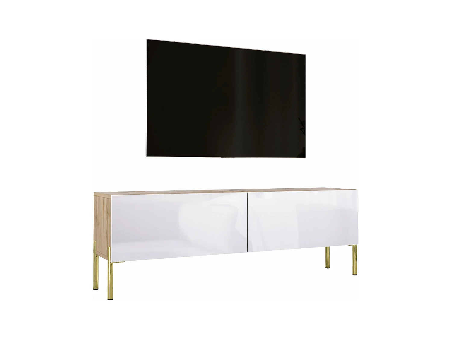 Meuble TV : Chêne Wotan / Blanc Brillant, pieds dorées, 140 x 52 x 32 cm