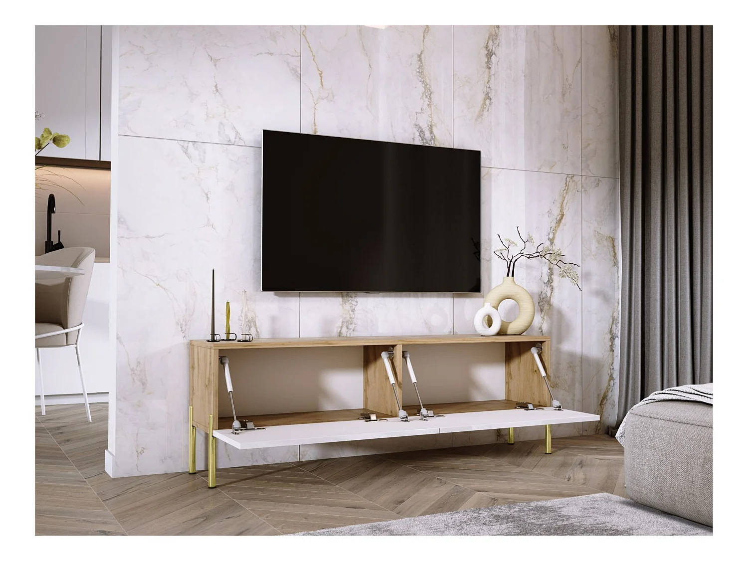 Meuble TV : Chêne Wotan / Blanc Brillant, pieds dorées, 140 x 52 x 32 cm