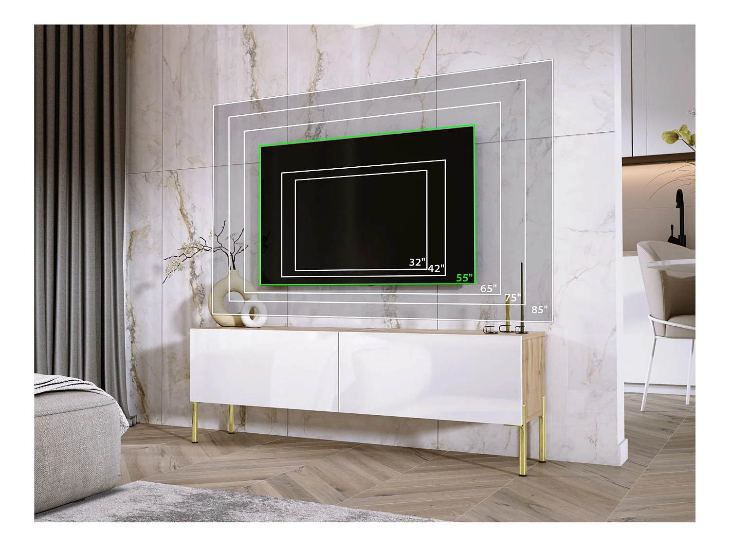 Meuble TV : Chêne Wotan / Blanc Brillant, pieds dorées, 140 x 52 x 32 cm