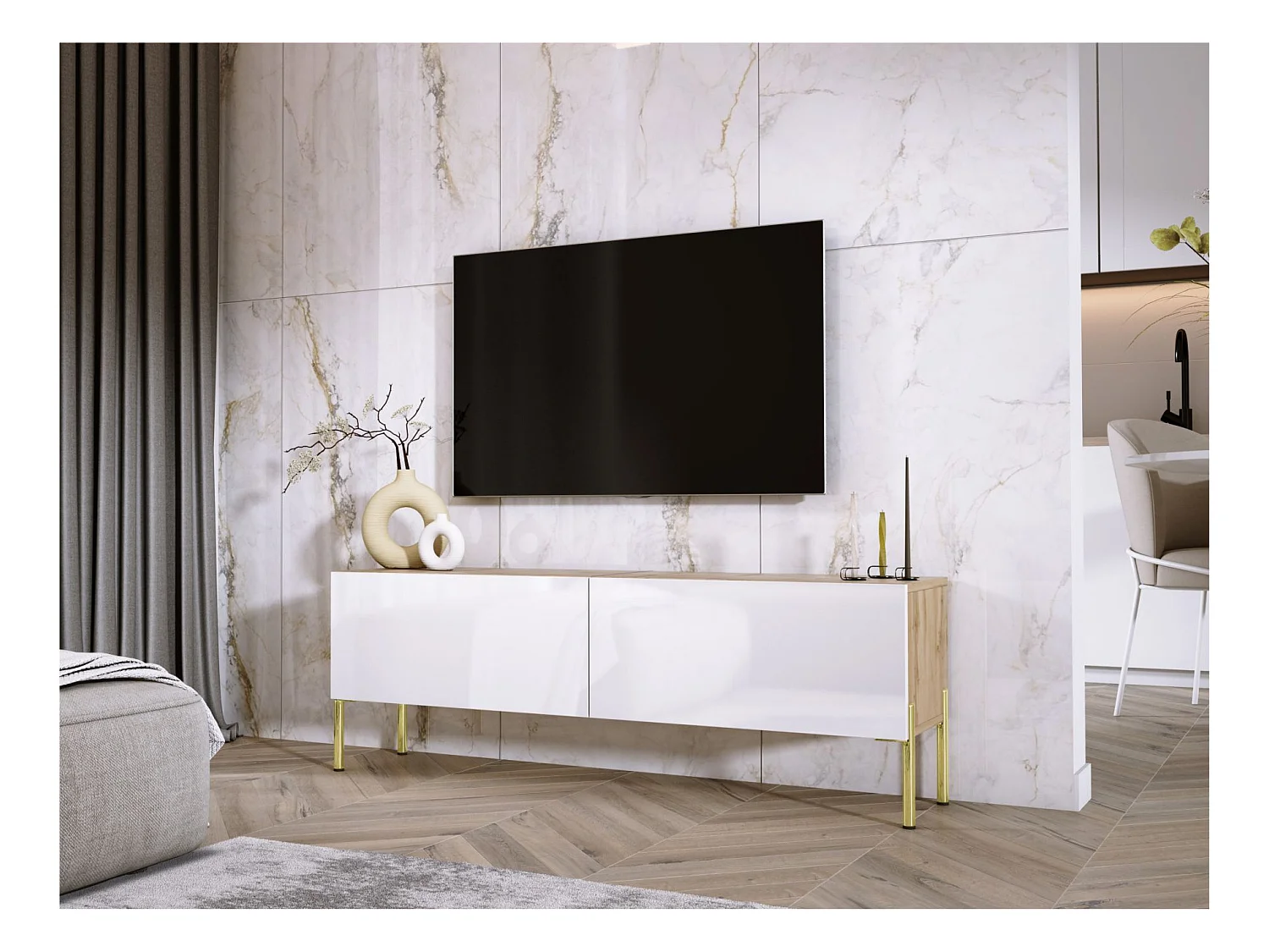 Meuble TV : Chêne Wotan / Blanc Brillant, pieds dorées, 140 x 52 x 32 cm
