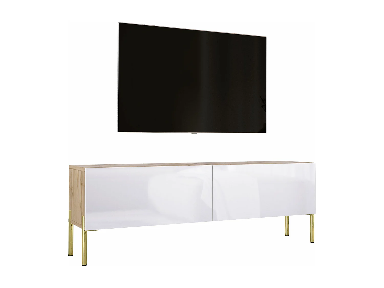 Szafka RTV: Dąb Wotan / Biały Połysk, nogi złote, 140 x 52 x 32 cm