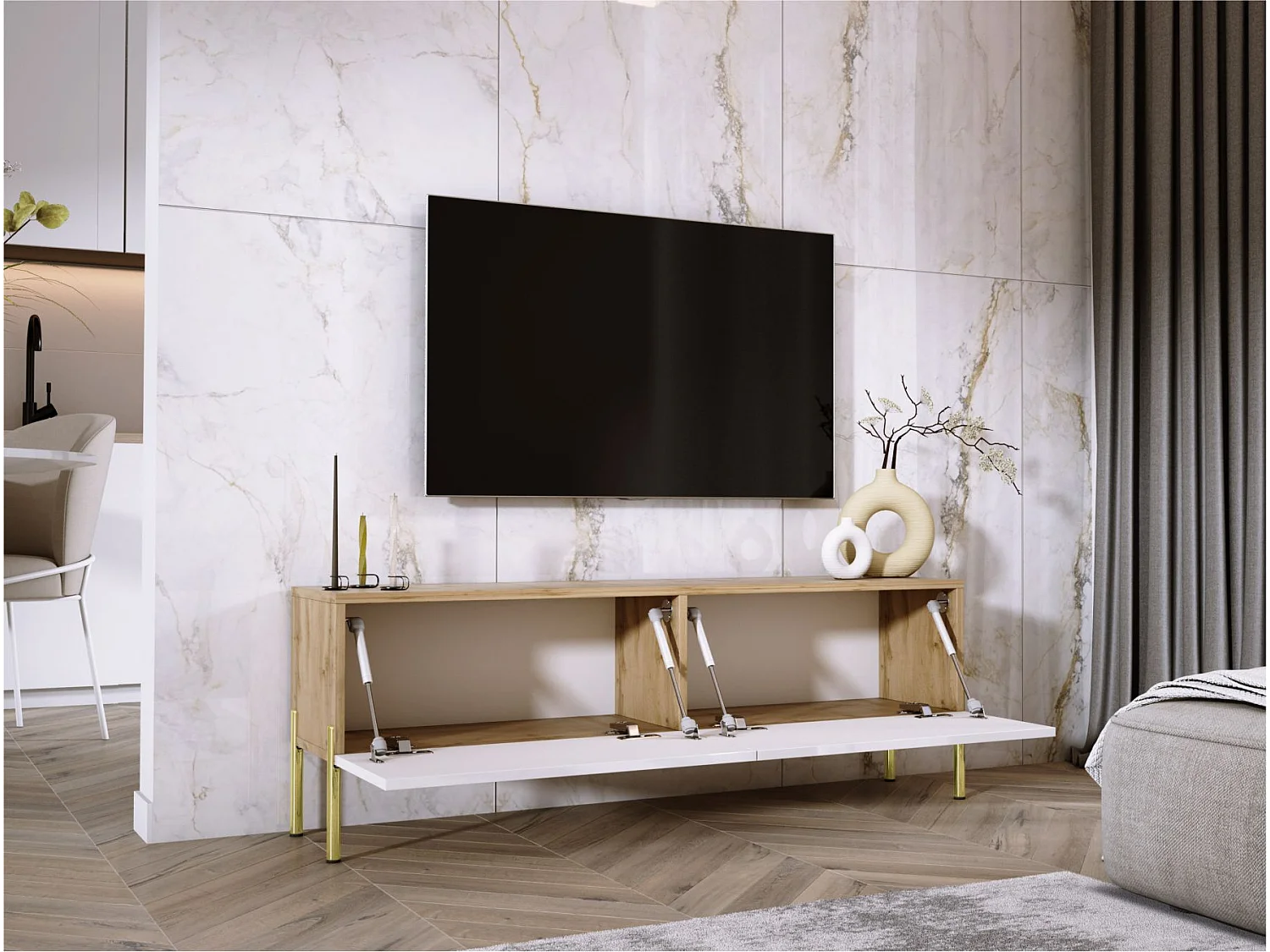 Szafka RTV: Dąb Wotan / Biały Połysk, nogi złote, 140 x 52 x 32 cm