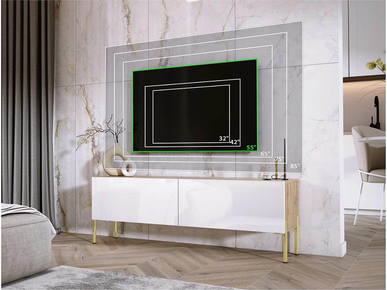 Szafka RTV: Dąb Wotan / Biały Połysk, nogi złote, 140 x 52 x 32 cm