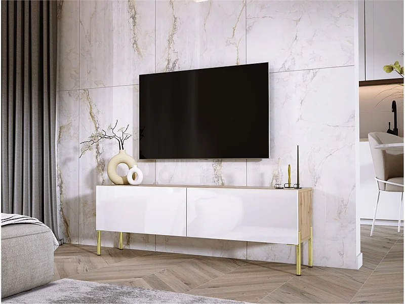 TV-Schrank: Wotan-Eiche / Hochglanzweiß, goldene Beine, 140 x 52 x 32 cm