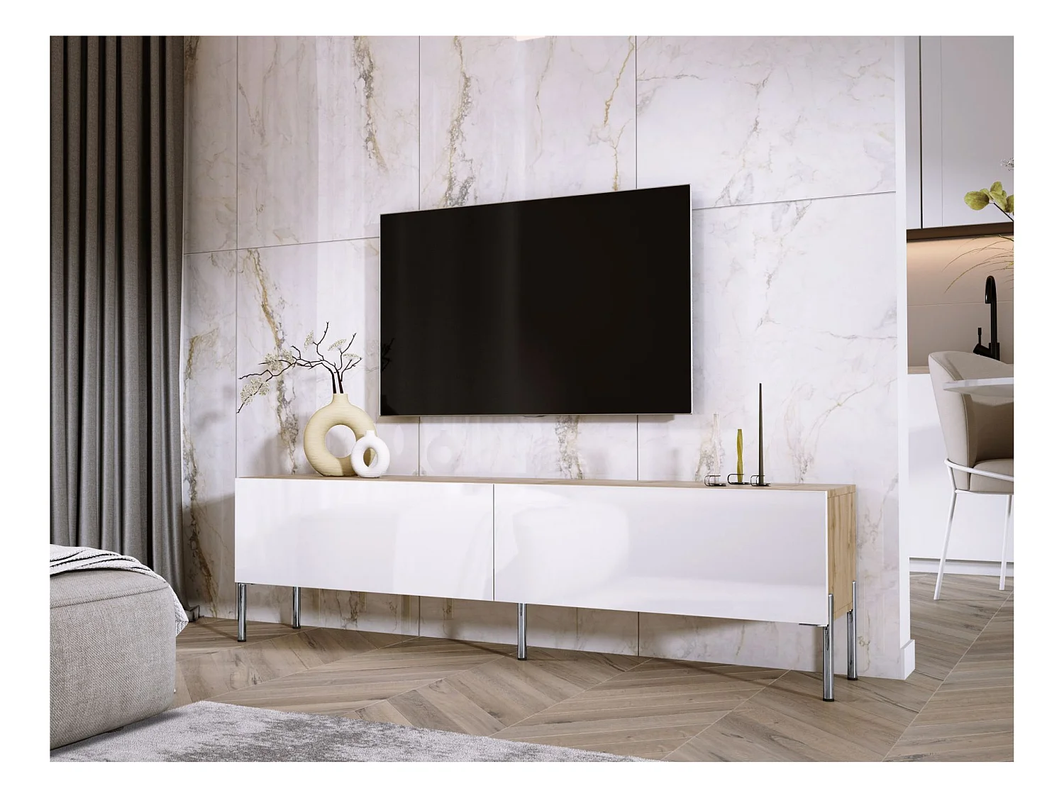 Mobile TV: rovere Wotan / bianco lucido, gambe cromate, 170 x 52 x 32 cm