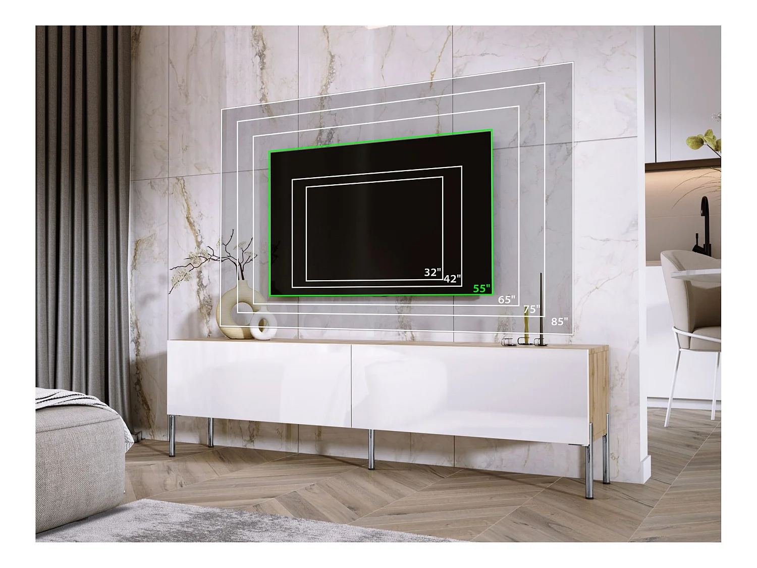 Mobile TV: rovere Wotan / bianco lucido, gambe cromate, 170 x 52 x 32 cm