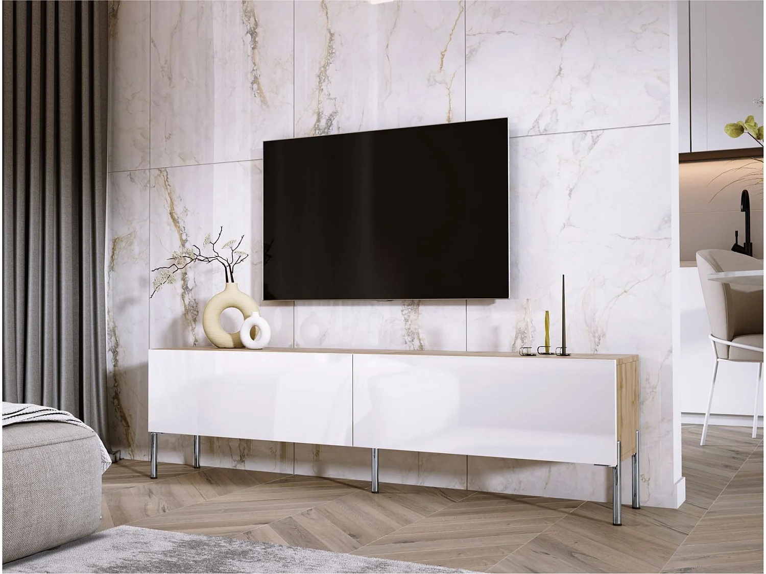 Meuble TV : Chêne Wotan / Blanc Brillant, pieds Chrome, 170 x 52 x 32 cm