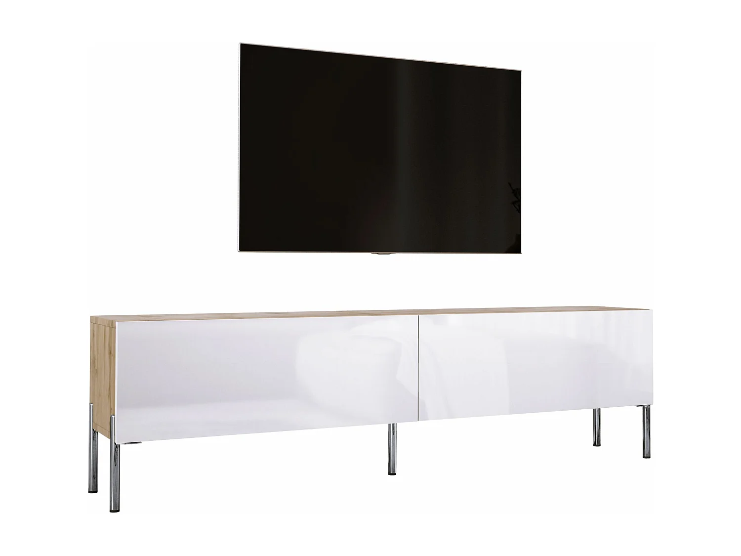 Meuble TV : Chêne Wotan / Blanc Brillant, pieds Chrome, 170 x 52 x 32 cm