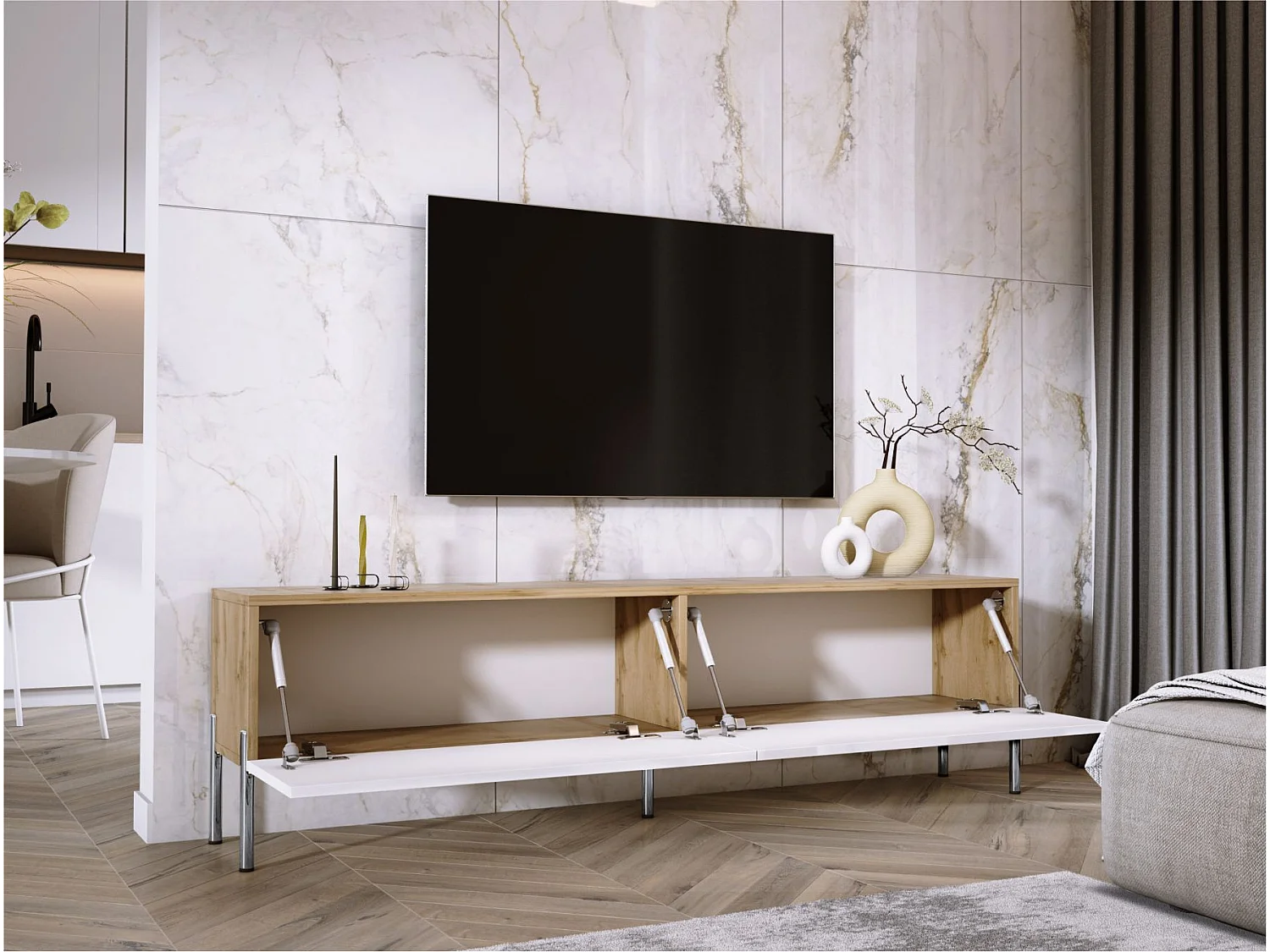 Meuble TV : Chêne Wotan / Blanc Brillant, pieds Chrome, 170 x 52 x 32 cm