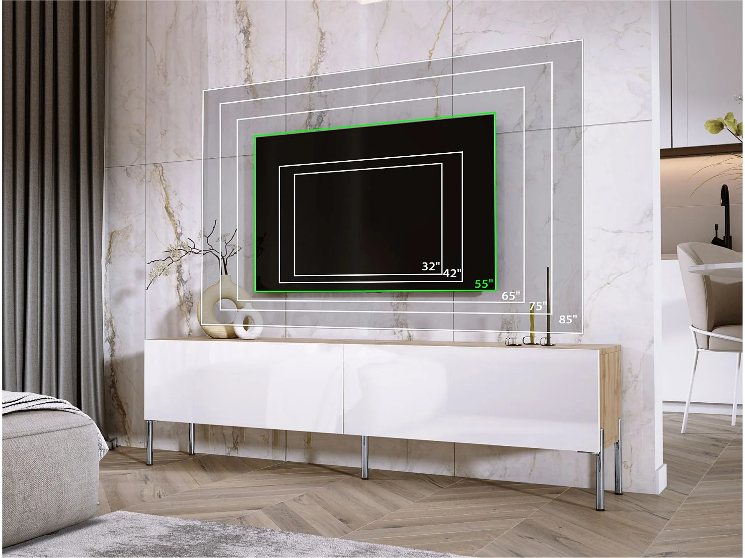 Meuble TV : Chêne Wotan / Blanc Brillant, pieds Chrome, 170 x 52 x 32 cm