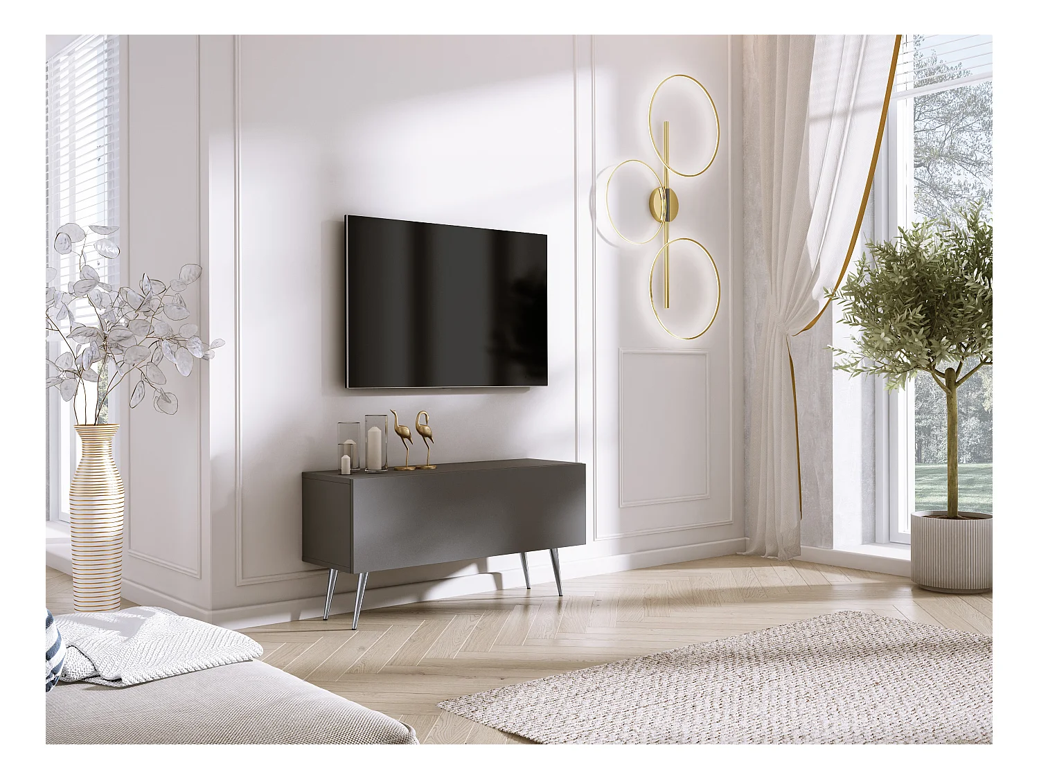 Meuble TV Anthracite, pieds Chrome, 100 x 52 x 32 Cm
