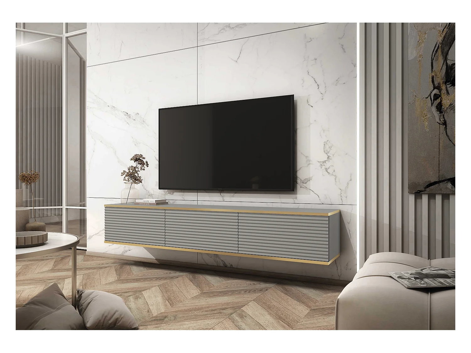 Meuble TV Avec Lamelles Gris, 175 x 30 x 32 cm, Push to Open