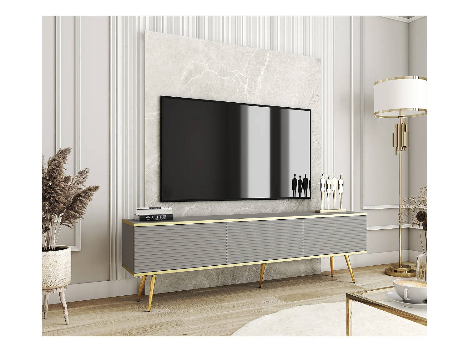 Szafka RTV z szarymi listwami, złote nóżki, 175 x 30 x 52 cm, Push to Open