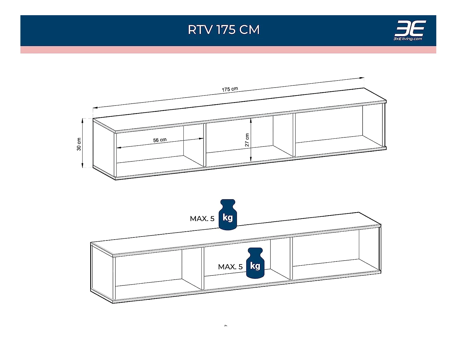 Szafka RTV z szarymi listwami, złote nóżki, 175 x 30 x 52 cm, Push to Open