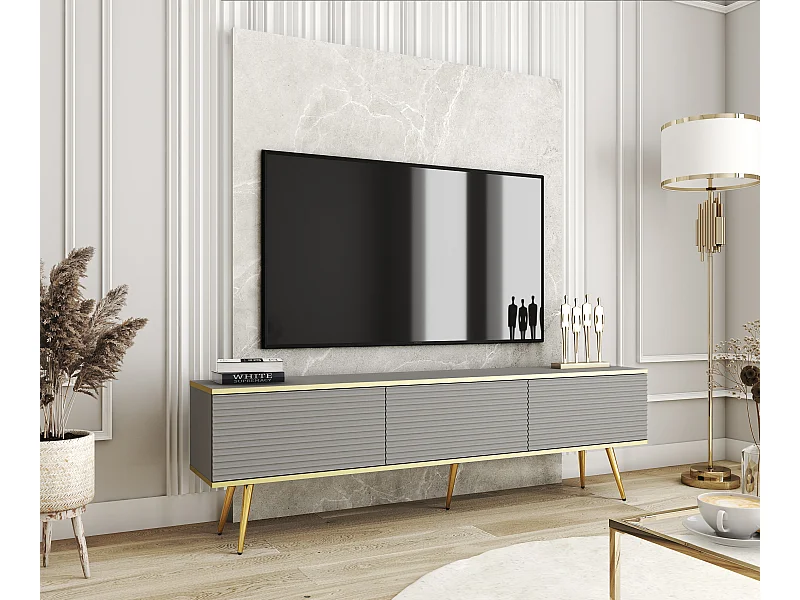 TV-Einheit mit grauen Lamellen, goldenen Füßen, 175 x 30 x 52 cm, Push-to-Open