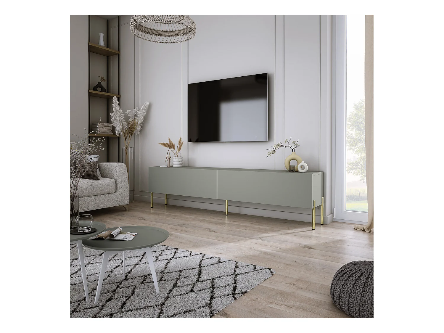 Meuble TV : Aloès, 170 x 52 x 32 cm, pieds dorées