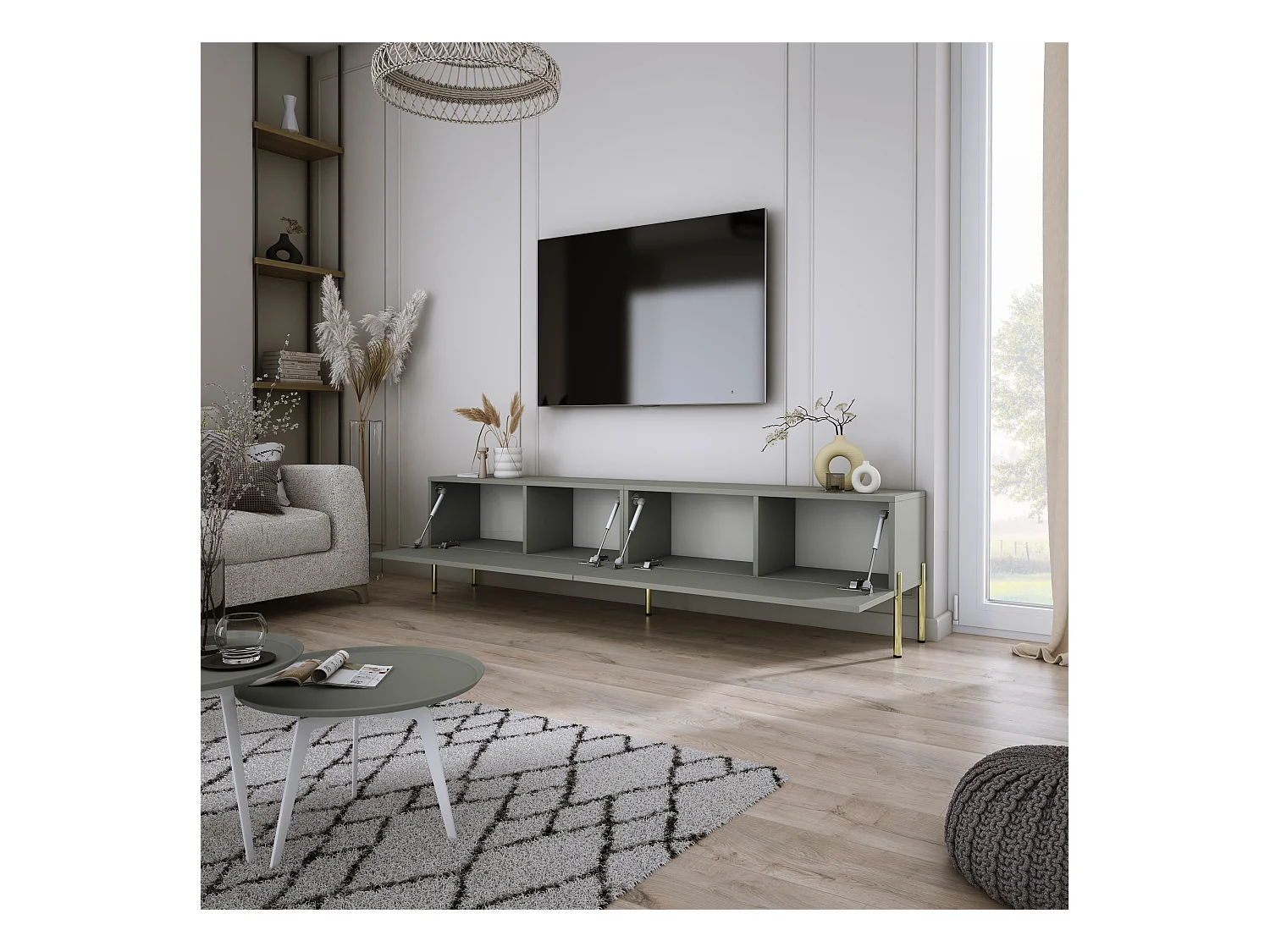 Meuble TV : Aloès, 170 x 52 x 32 cm, pieds dorées