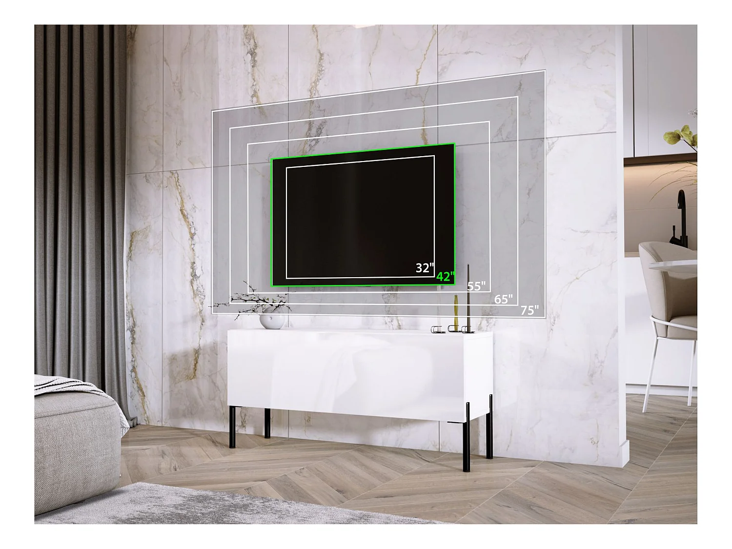 Mat Wit / Glanzend Wit TV-meubel, zwarte poten, 100 x 52 x 32 cm