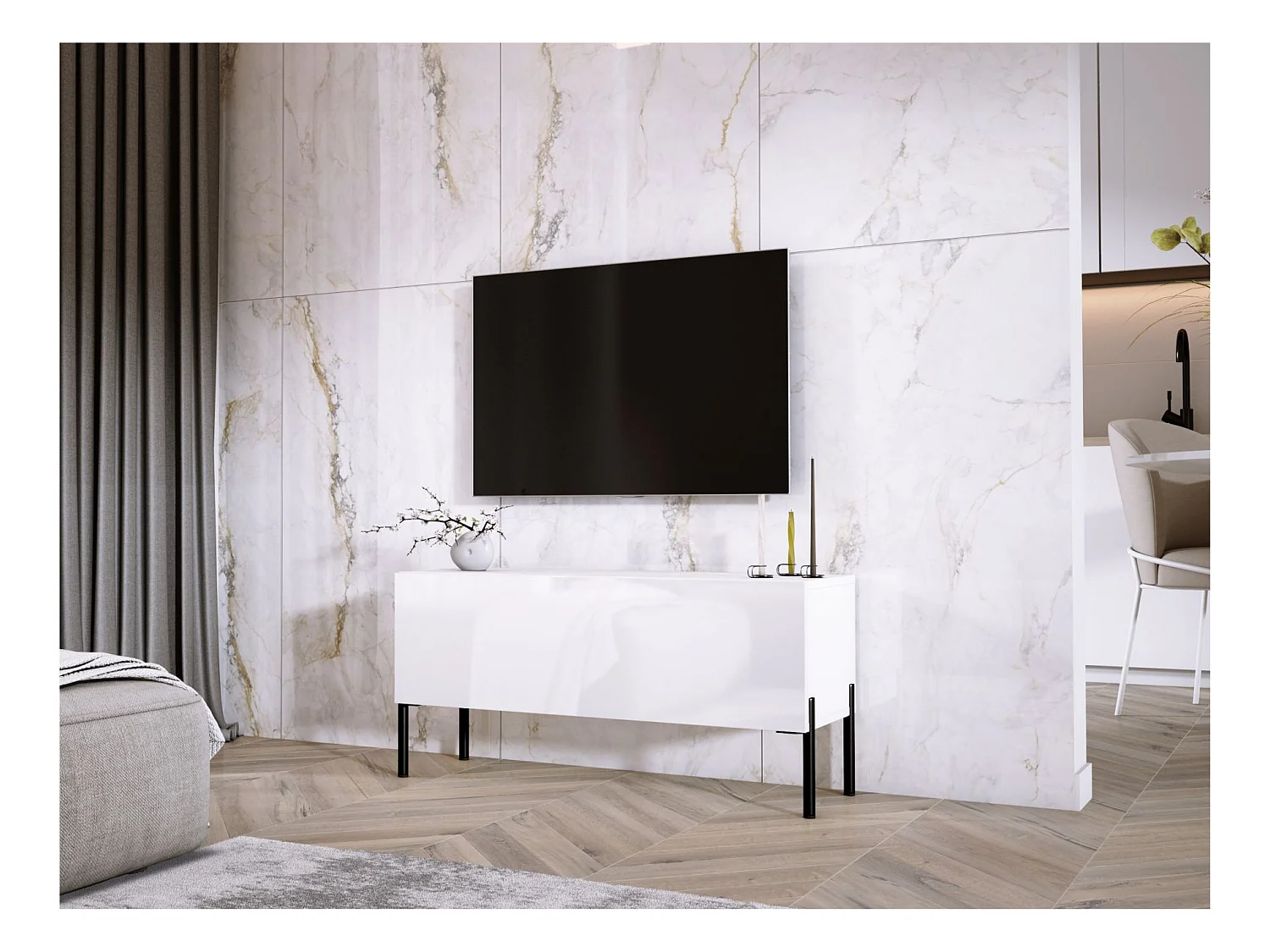 Meuble TV Blanc Mat / Blanc Brillant, pieds noires, 100 x 52 x 32 cm