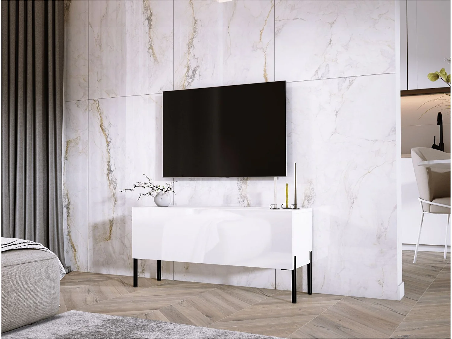 Meuble TV Blanc Mat / Blanc Brillant, pieds noires, 100 x 52 x 32 cm