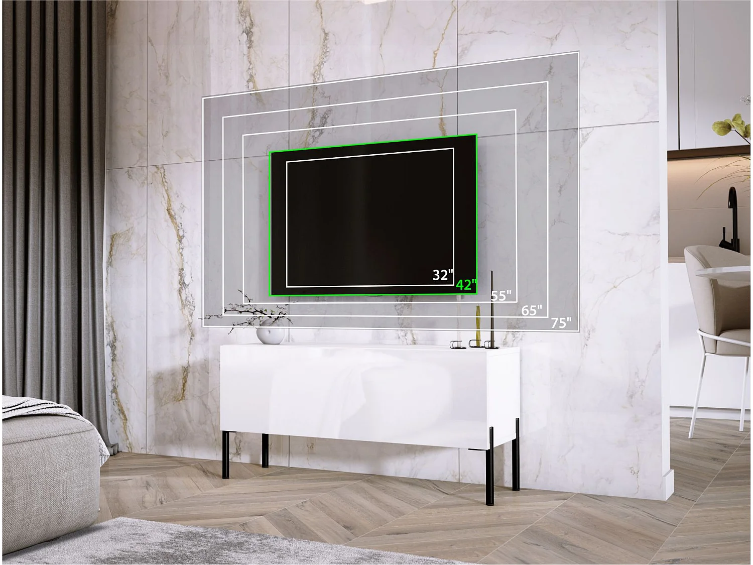 Meuble TV Blanc Mat / Blanc Brillant, pieds noires, 100 x 52 x 32 cm